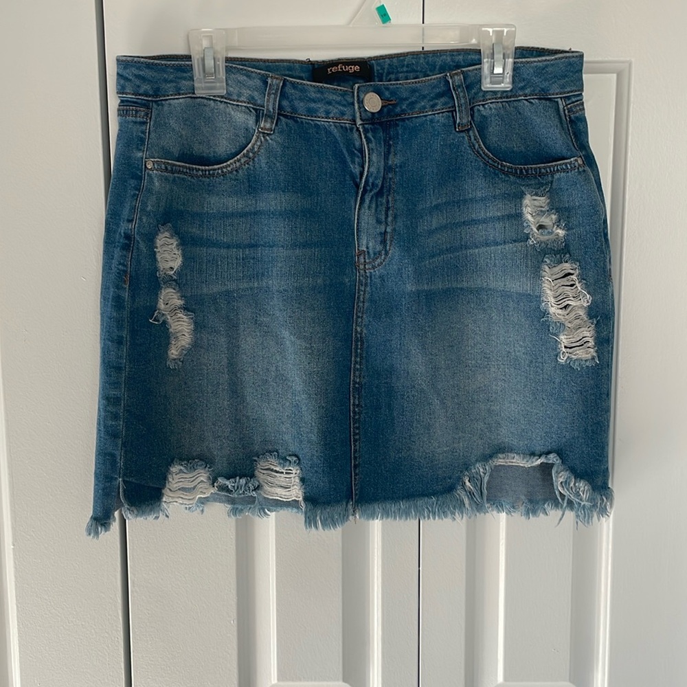 Distressed denim miniskirt